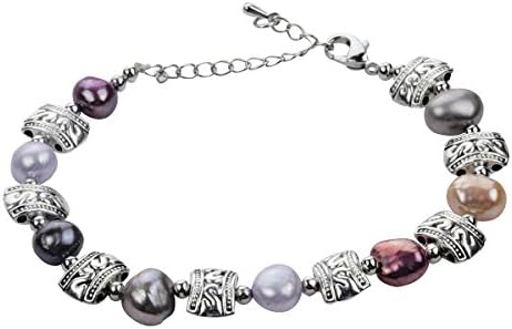 Rolove Tibetan Style Ethnic Bracelet with Multicolor Profiled Freshwater Cultured Pearls and Alloy Links,Adjustable