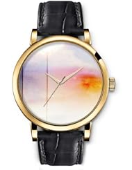 SPRAWL Aanalog Fashion Series Gold Ladies Watches of Genuine Black Leather Strap,Unique Wrist Watch for Women Girls Designed with Outside the window snowing