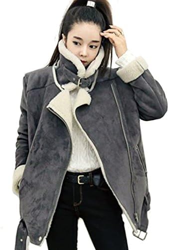 LOCOMO Women Gray Faux Suede Fur Lined Zipper Aviator Biker Coat FFJ024S