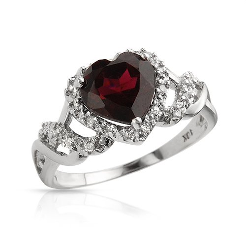 White Gold 2.2 CTW Garnet and 0.1 CTW Color I-J I2 Diamond Heart Ladies Ring. Ring Size 7. Total Item weight 2.8 g.