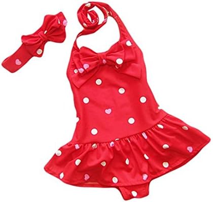 ALabela Baby Toddler Girls One-Piece Swimsuit Bowknot Spots Swimwear With Headbands (US,XS/Asia,S)Red