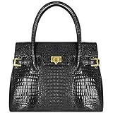 Fontanelli Black Shiny Croco-style Leather Large Satchel Bag
