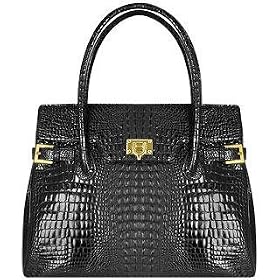 Fontanelli Black Shiny Croco-style Leather Large Satchel Bag
