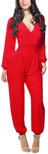 PianPian Fashion Lady's Long Sleeve V Neck Romper Jumpsuit Multi-color Pick Red M