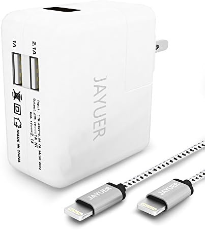 Jayuer Wall Charger Dual USB Universal Portable Charger With 6FT 10FT Lightning To USB Data Sync Cable For iPhone/iPad Air/Pro/Mini and More (White)