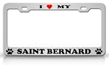 I LOVE MY SAINT BERNARD Dog Pet Animal High Quality STEEL /METAL Auto License Plate Frame, Chrome/Blk/Red