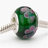 Murano Style Glass Lampwork Bead Fits Pandora Emerald Green With Pink Flower 14mm (1)