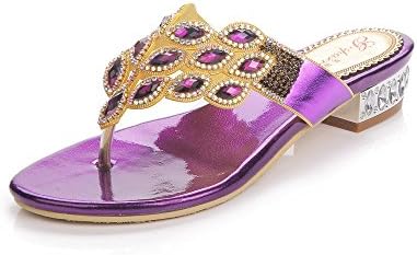 Unicoratha Women's Fashion Crystal Rhinestone Low Heel Slip On Beach Sandals Flip Flops Purple 10.5 M US