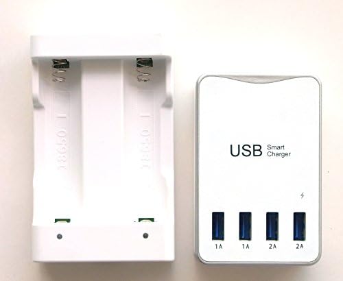 Combo Set - Dual Slot USB Powered 18650 Size Lithium Battery Smart Quick Charger and 4 USB Port 6A 30W Desktop Quick Charger