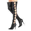 Reveal - Black Buckled Faux Leather Wide Fit Stiletto 5 Inch High Heels Thigh Boots