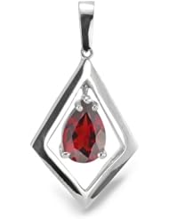 Parallelogram Pendant With 8 MM Genuine Pear Cut Garnet Center Stone In Silver.