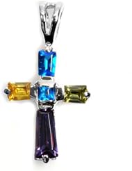 Sterling Silver Multi Colored CZ Cross Pendant Gift Cute Charm Pure 925 New 14mm with 1.5mm Ball Bead Chain