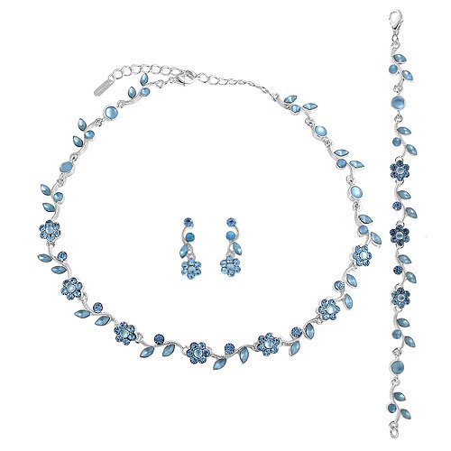 Silver Tone Blue Crystal Accent 3-Piece Necklace Earrings Bracelet Set