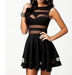 Sexy Cotton Sleeveless Sheer Mesh Lace Skater Dress/Mini Dress 
