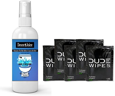 Gift Set for Him - Dude Wipes 5ct + 1oz. Travel Toilet Spritz Air Freshener Set - Flushable Wipes - Bathroom Odor Deodorizer Eliminator - Deuce Juice - For Dudes Men Guys