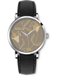 SPRAWL Aanalog Fashion Series Silver Ladies Watches of Genuine Black Leather Strap,Unique Wrist Watch for Women Girls Designed with Drawing lily flowers on gray background