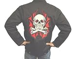 Felon Clothing Skull Batwings Black Lined Chino Jacket Mens Flaming Skull Crossbones Tattoo Design Jacket Biker Jacket Punk Streetwear Club Jacket