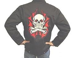 Felon Clothing Skull Batwings Black Lined Chino Jacket Mens Flaming Skull Crossbones Tattoo Design Jacket Biker Jacket Punk Streetwear Club Jacket