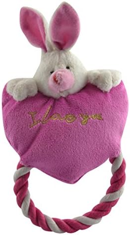 Dogloveit Lovely Soft Cotton Stuffed Heart Rabbit with Braided Rope Ring Dog Toy, Red