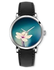 SPRAWL Aanalog Fashion Series Silver Ladies Watches of Genuine Black Leather Strap,Unique Wrist Watch for Women Girls Designed with Beautiful pink flower