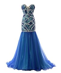 Beaded Backless Crystal 2015 Sweetheart Mermaid Tulle Prom Dress  with a Brush/Sweep Train 
