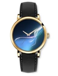 SPRAWL Aanalog Fashion Series Gold Ladies Watches of Genuine Black Leather Strap,Unique Wrist Watch for Women Girls Designed with Glossy white lines blue background