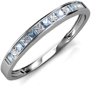 Aquamarine and Diamond Princess Cut Channel Set Wedding Band 0.65ct tw in 14K White Gold.size 5.0