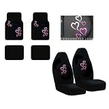 6-Piece Multicolor Pink and Red Hearts Automotive Interior Gift Set – 2 Universal Fit High Back Front Bucket Seat Covers With Embroidered Logo and 4 Universal Fit Plush Carpet Floor Mats for Cars / Truck