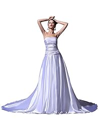 A-line Strapless Floor Length Satin Ruched Lace Beaded Dropped   Waistline Prom Dress  with a Brush/Sweep Train 