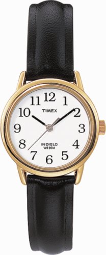 Timex Ladies Polished Stainless Steel Black Leather Wristwatch T20433