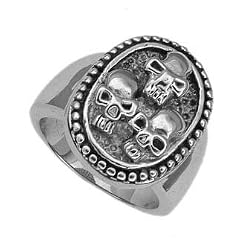 Stainless Steel High Polished Ring - Three Skulls - Size: 9-13