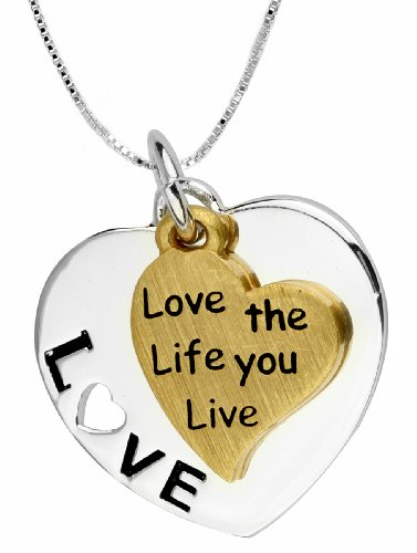 14k Yellow Gold Plated Sterling Silver “Love The Life You Live” “Two-Tone” Double Heart Pendant, 18″
