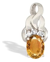 14K White Gold Genuine Oval Citrine and Diamond Pendant
