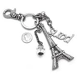 X-Large & Fancy Boutique Style "Paris", Eiffel Tower & Crystal Charms Key Chain with Key Ring & Clip ~ Comes Gift Boxed