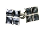 Ribbed Four Piece Gray Enamel Square Silver Cufflinks with Presentation Box