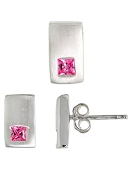 Sterling Silver Matte-finish Rectangular Earrings (10mm tall) & Pendant Slide (10mm tall) Set, w/ Princess Cut Pink Tourmaline-colored CZ Stones