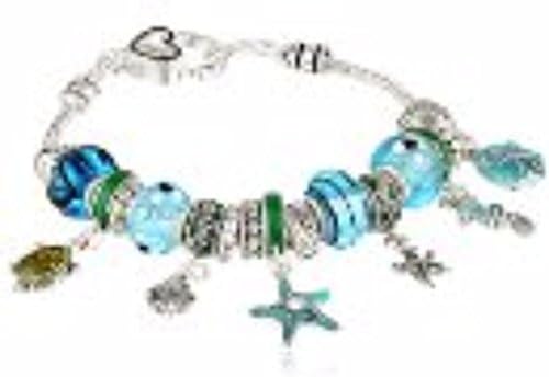 At the Beach Silver Tone Metal and Glass Bead Charm Bracelet Blue/Red - Ocean Themed Charms (blue)