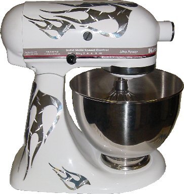Diamond Plate 21 Double Flame Diamond Pressed Metal Decal Cover Kit Pressed Silver color, designed to fit all KitchenAid stand mixers, including Pro 600, Artisan, Ultra Power, 4, 5, 6 qt quart mixers, without accessory interference.