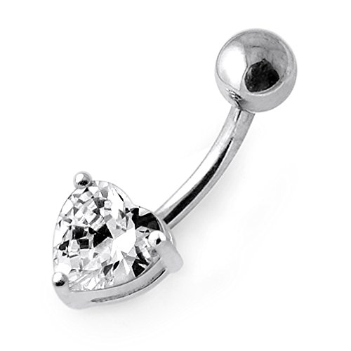 PiercingPoint White Gemstone Trendy Heart Design 925 Sterling Silver Belly Button Rings