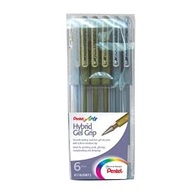 Pentel Hybrid Grip Gel Pen in Wallet of 6 Pieces - Gold, Silver, White