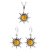 Baltic Honey Amber and Sterling Silver Medium Flaming Sun Earrings and Pendant Set, 18"