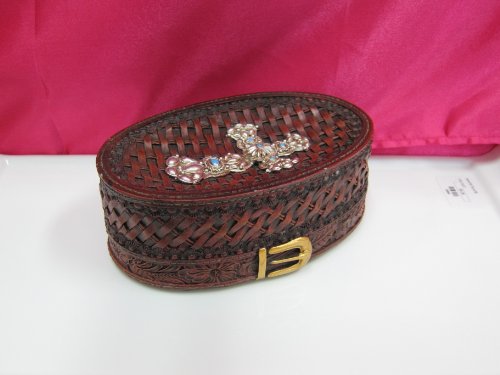 Soap Dish, Western Decor, Woven Leather Like Material, Silver Cross with Turquoise Beads, Silver Belt Buckle
