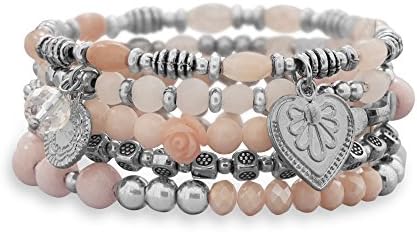 SilverStones Pink Stretch Bracelets with Silver Tone Charms and Rose Quartz Beads - Set of 5 Bracelets