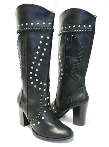 Black Studded Sexy Cowgirl Western Knee Boots