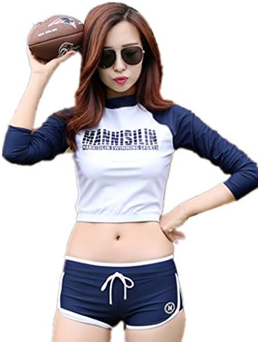 Season Show Womens Sporty Swimsuits Three Piece Long Sleeve Swim Suits Rash Guard Navy Blue S