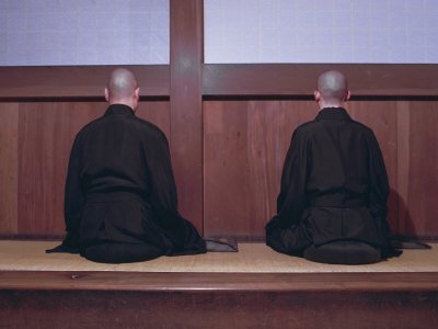 Two Monks During Za-Zen Meditation in the Sodo or Zazendo Hall, Elheiji Zen Monastery, Japan Photographic Poster Print by Ursula Gahwiler, 12x16
