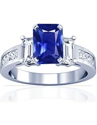 Platinum Emerald Cut Blue Sapphire Ring With Sidestones