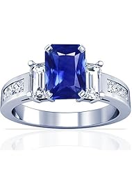 18K White Gold Emerald Cut Blue Sapphire Ring With Sidestones