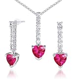 Debonair Style 3.75 carats Heart Shape Created Ruby Pendant Earrings Set in Sterling Silver