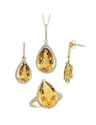 10k Gold Teardrop Dangle Earrings (26mm tall), Ring (17mm wide) & 18 in. Necklace SET, w/ Brilliant Cut Diamonds & Pear Cut Citrine Stones; Ring Size 7.5
